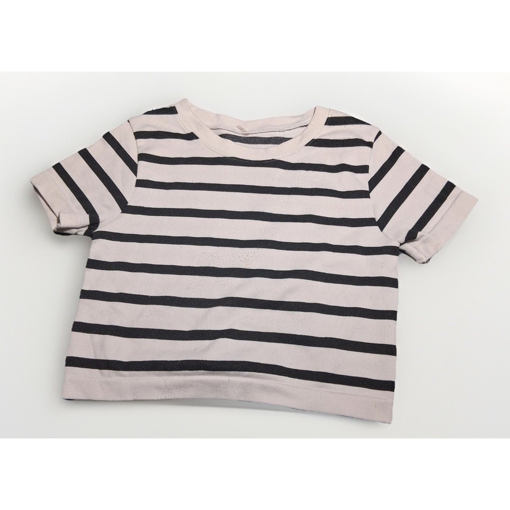 J.O&co Womens Black White Striped Short Sleeve Ribbed Crop Top XS-S